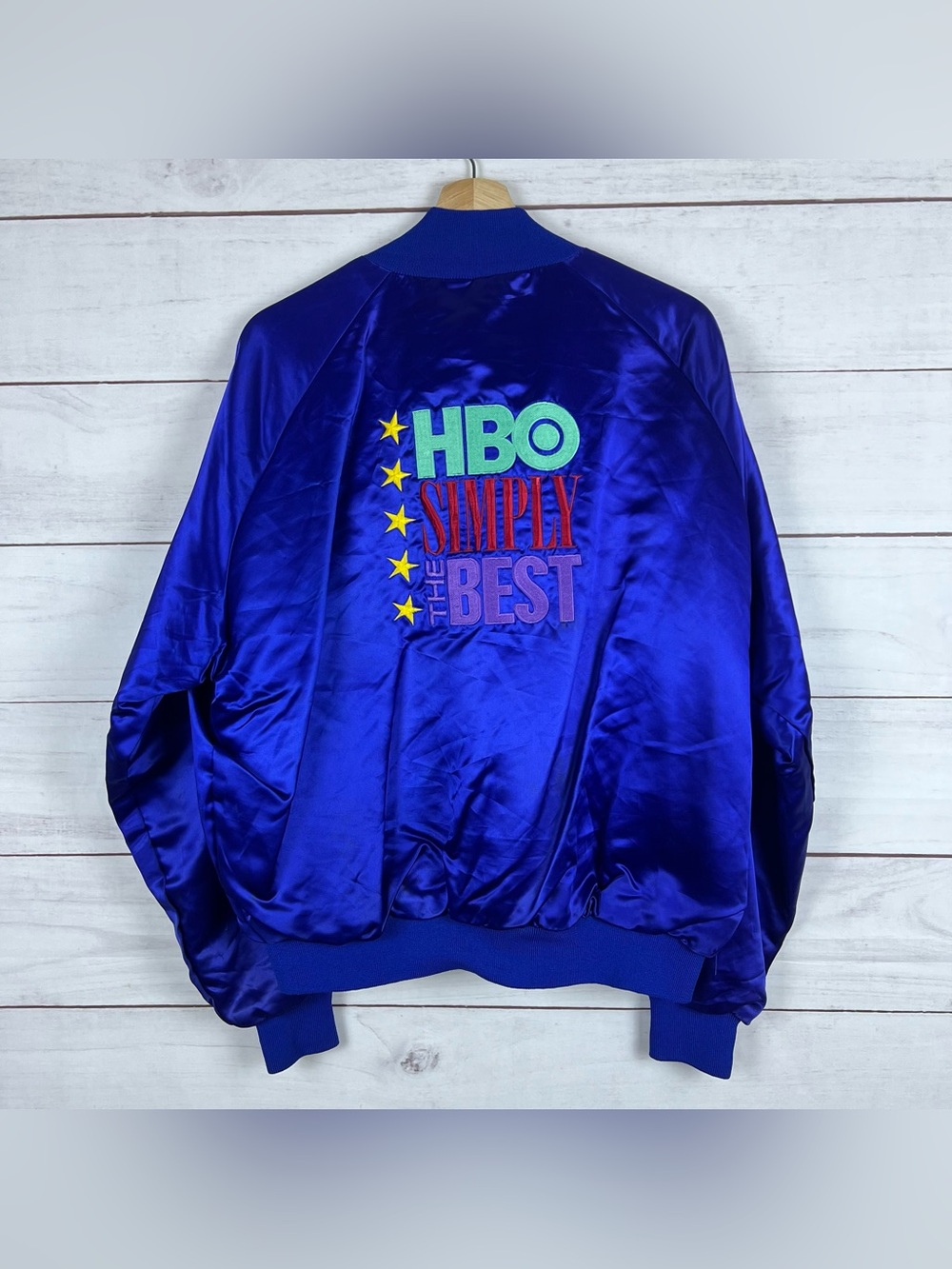 Vtg 90s HBO Simply the Best TV Promo Employee Blue Satin Bomber Jacket Large